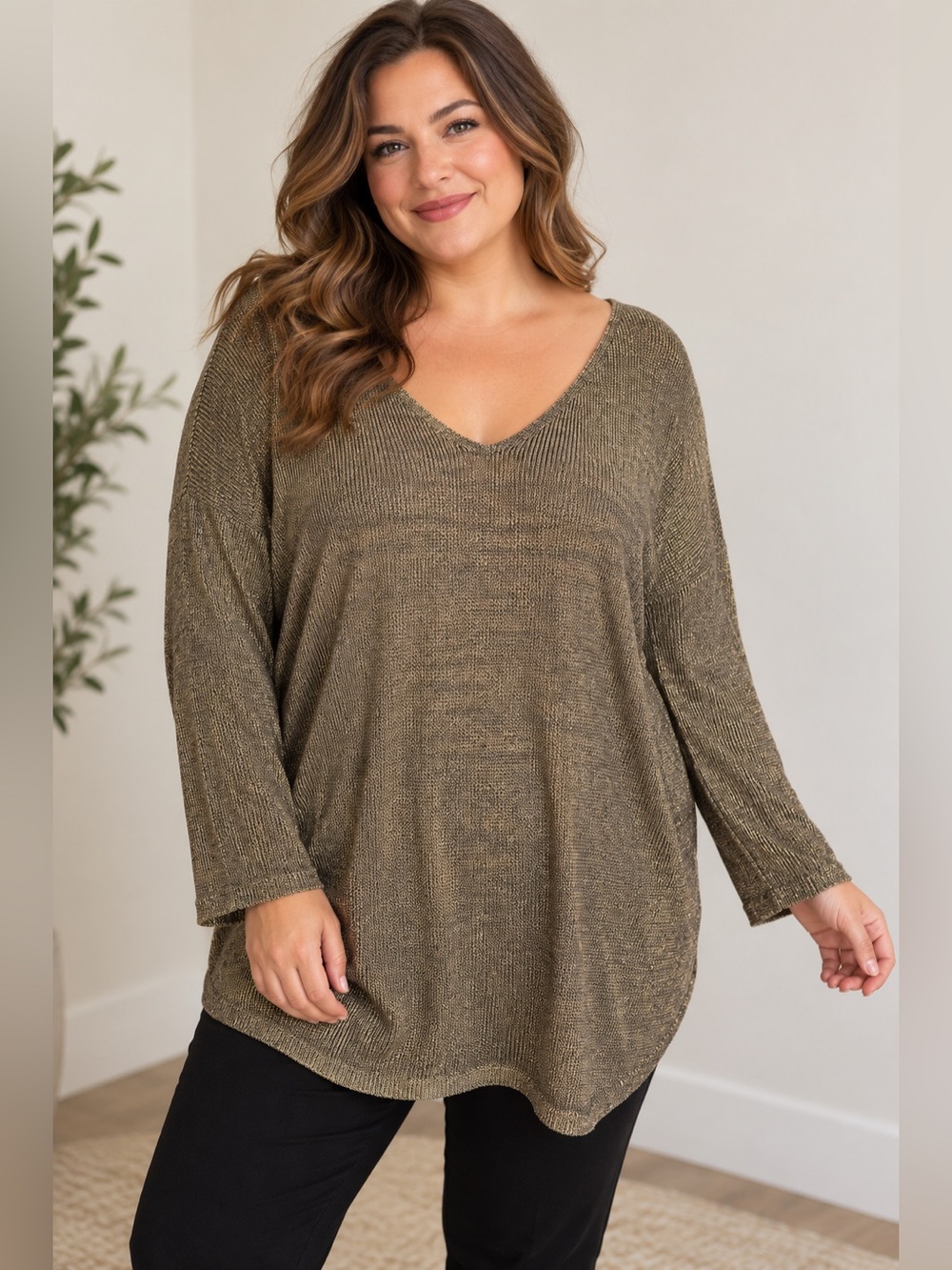 Itsu Gold Black Metallic Knit Tunic Top 3X, Boho Chic